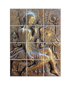 High-relief ceramic wall mural featuring a sculpted goddess in a seated pose with lotus flowers, arranged in 12 jointless tiles forming a seamless 3x4 layout.