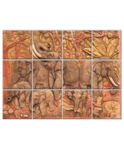 Handcrafted ceramic wall mural featuring a 4x3 layout of jointless 3D elephant tiles with a sculpted forest background in earthy tones.