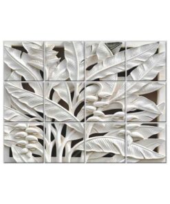 Botanical tile mural with tropical leaf relief design in jointless ceramic tiles, arranged in a seamless 4x3 wall panel layout.