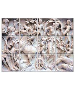 Sculpted 3D mural made from jointless ceramic tiles depicting Ancient Greek mythology in high-relief style, featuring figures, horses, and classical drapery.